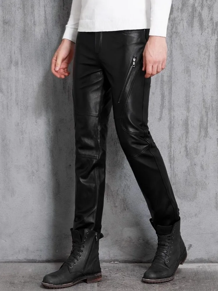 Mens Slim Fit Sheepskin Genuine Leather Pencil Pants Autumn Winter Windproof Motorcycle Riding Pants Long Trousers Punk Pants