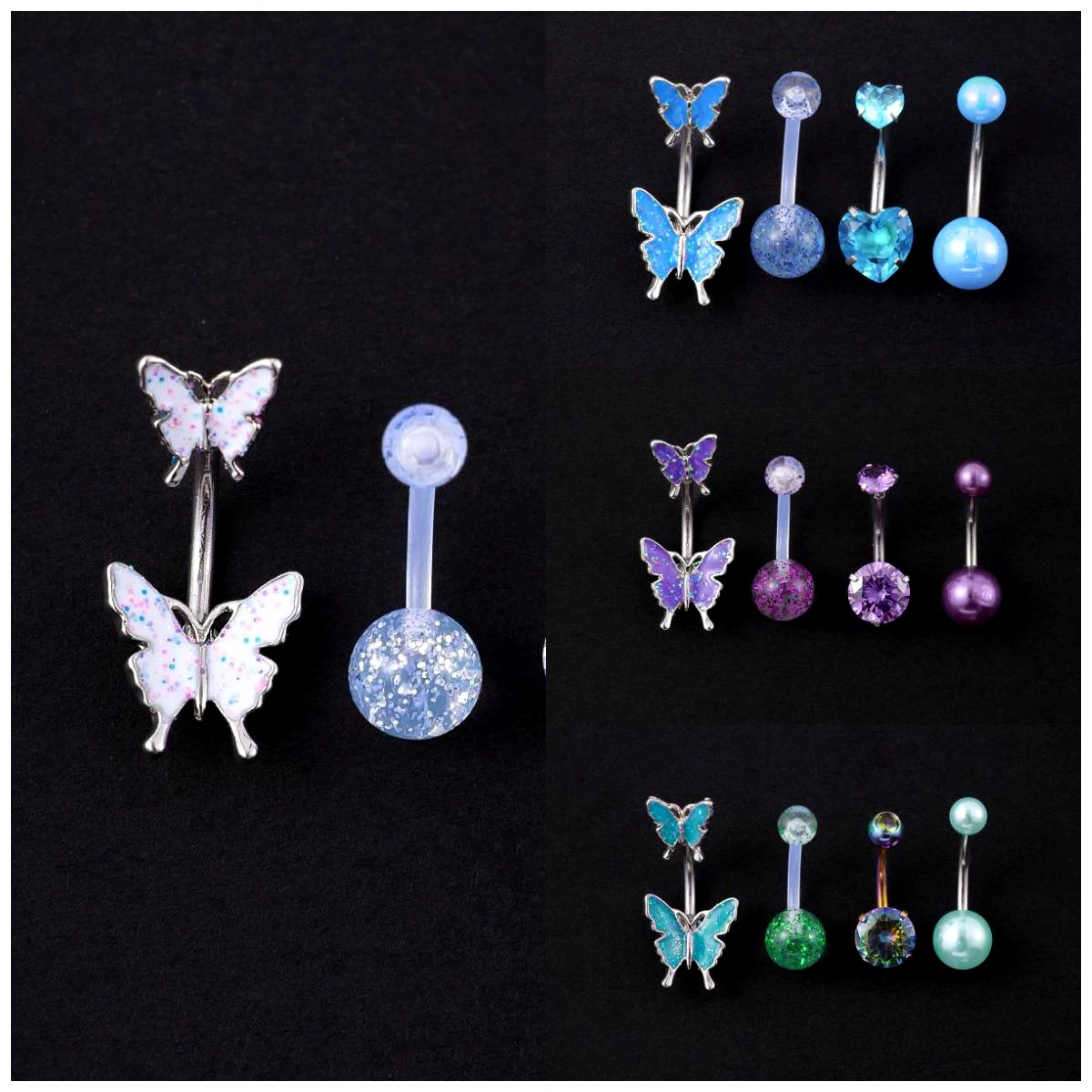 Butterfly Bellybutton Nail Double Peach Heart Navel Ring Transparent Plastic Flash Sheet Navel Nail Piercing Jewelry