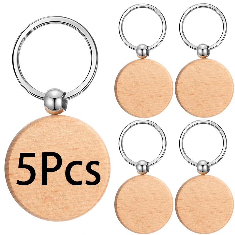 5Pcs Wooden Key Ring Round Wood Keyrings Car Keychain