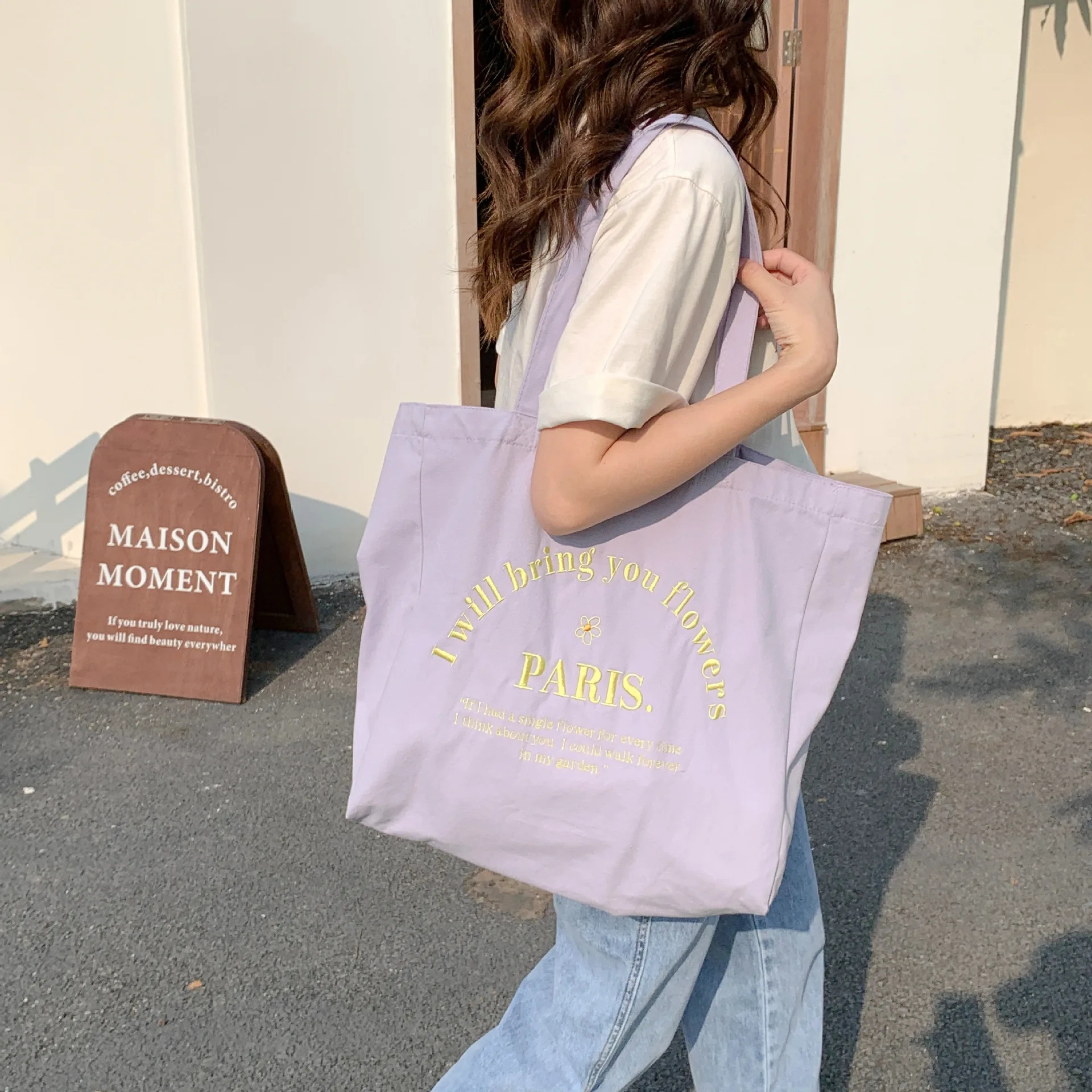 1 Pc Sweet American Style Tote Bag for Student Girl Fashion Solid Color Series Shoulder Bag Portable High Capacity Storage Bag