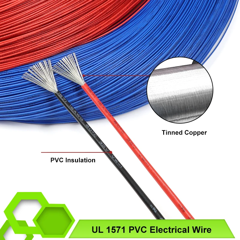 10~100M UL1571 Electronic Wire 32 30 28 26 24 22 20 18 16 AWG DIY Cord LED Line Environmental PVC Insulated Tinned Copper Cable