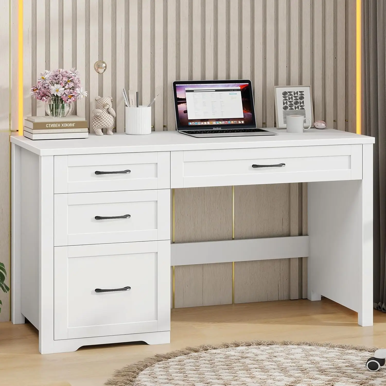 

Компьютерный стол из дерева 47 дюймов с файловым органайзером и 3 выдвижными ящиками для хранения, рабочая станция для домашнего офиса/кабинета, белый, на заказ