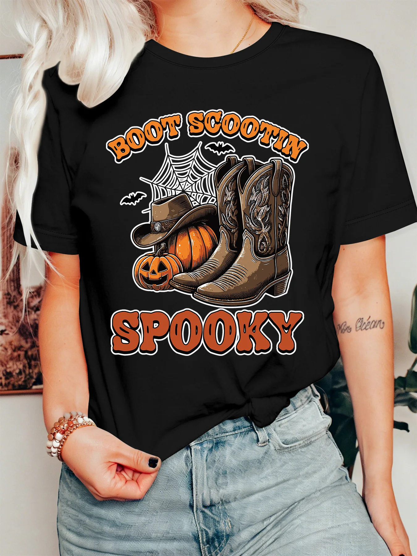 Boot Scootin Spooky Western Halloween Womens Crew Neck Short Sleeve T Shirt Pumpkin Cowboy Boots Casual Graphic Tees For Ladies