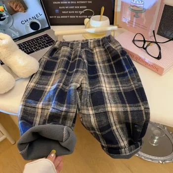 2025 Autumn and Winter New Trendy and Fashionable Children's Plush Casual  Versatile Checkered Straight Leg Pants Korean Version 3