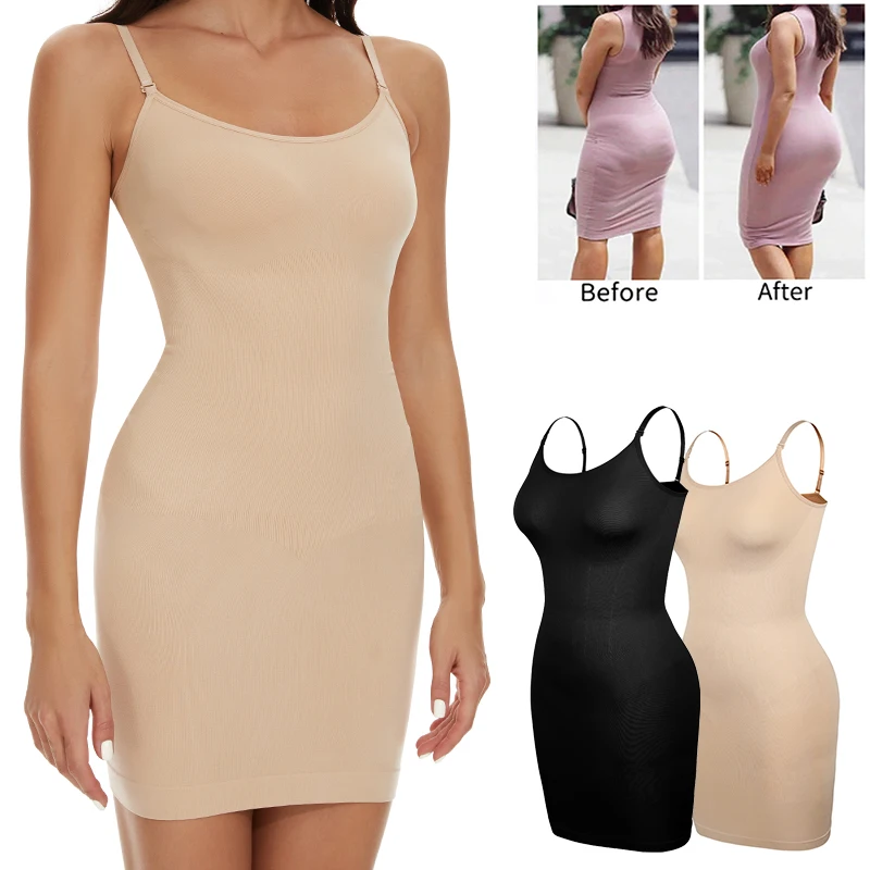 Women Shapewear Full Slip Tummy Control Scoop Neck Cami Mini Under Dress Smooth Body Shaper Seamless Spaghetti Straps Lingerie