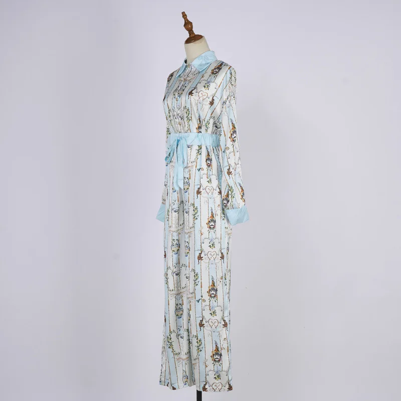 Faionable Loose Long Sve Printed Collar Set Women's Clothing Polyester Wide Leg Pants Gored Skirt Sle Casual Wear