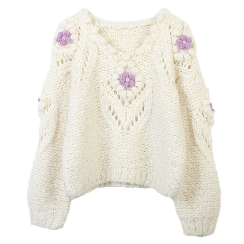 

Handmade Bohemian Flower Sweater Women's Autumn And Winter New V-neck Pullover Long-sleeved Loose Sweet Knitted Sweater Tops