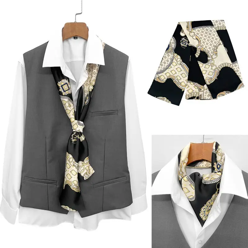 

Men's Business Long Silk Scarf British Retro Suit Shirt Stacked Neckline Scarf Korean Version Versatile Small Scarf