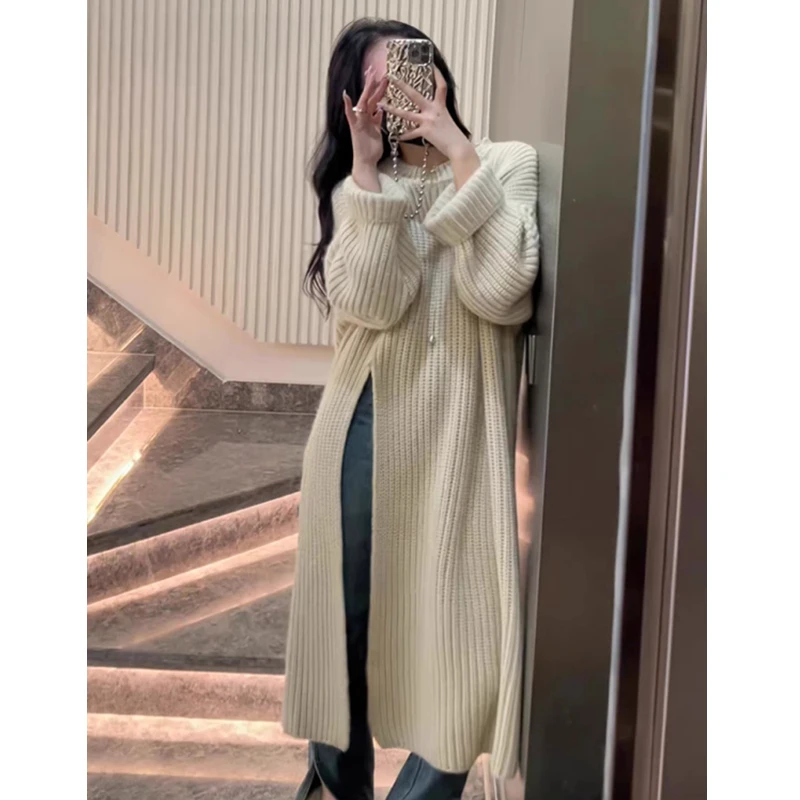2026 Korean Lazy Style Women's Knit Dress Spring Autumn New Loose Over-Knee Mid-Length Sweater Dress Side Slit O-Neck Simple