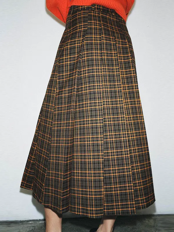 

Spring Faion High Waist Midi Skirt Women's Clothing Plaid Versatile Slimming Cheered Skirts Ethnic Stage Costumes