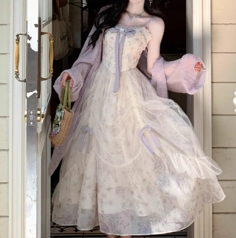 ربيع الخريف حجم كبير المرأة الفرنسية الرجعية الأميرة الحمالة فستان ساحة الرقبة الصناعة الثقيلة الحلو القوس الأزهار لوليتا فساتين #3