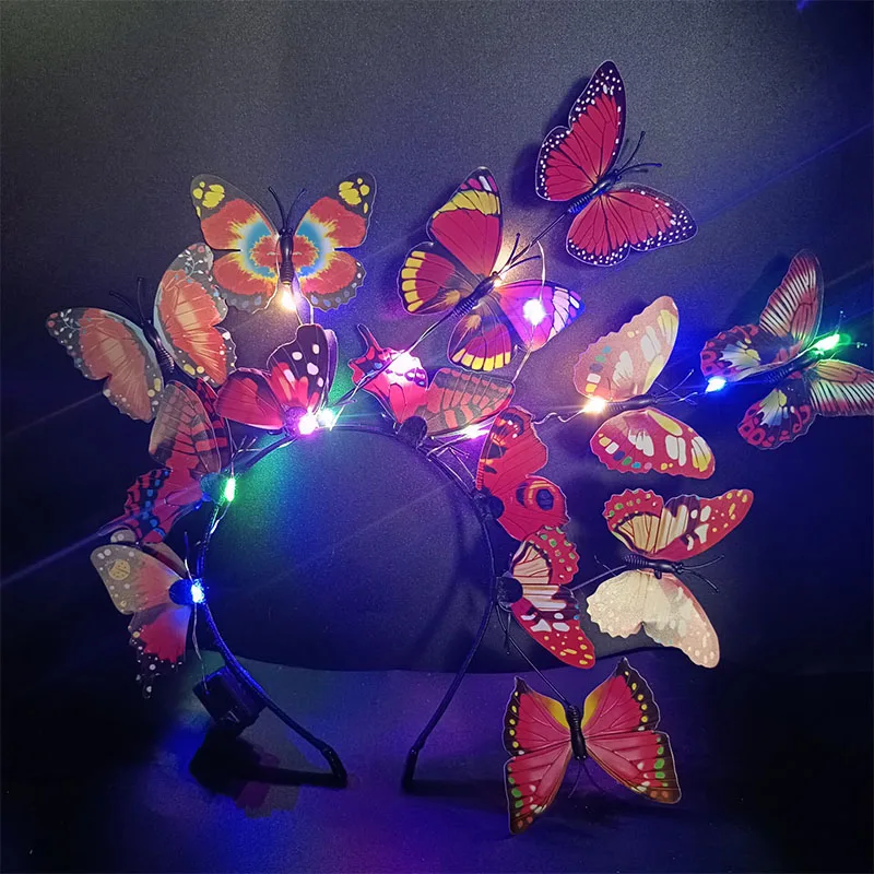 Butterfly Fascinator Headband Glowing LED Light up Bohemian Hair Band Hoops Colorful Headpiece for Party Wedding Christmas