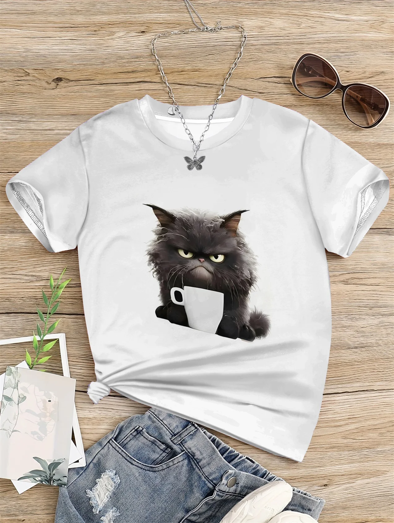 5 To14 Years Girl Clothes Angry Cat Face Print White T-shirt Children's Clothing Kids Summer Short Sleeve Child Top T-shirts