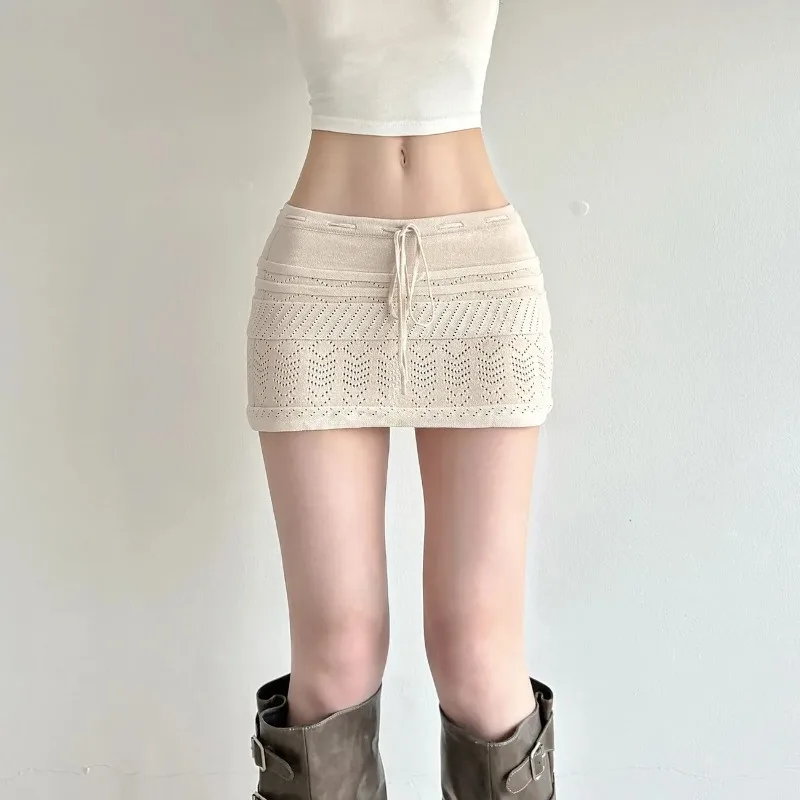 Women's Crochet Knit Drawstring Mini Skirt Low Waist Bodycon Skirt