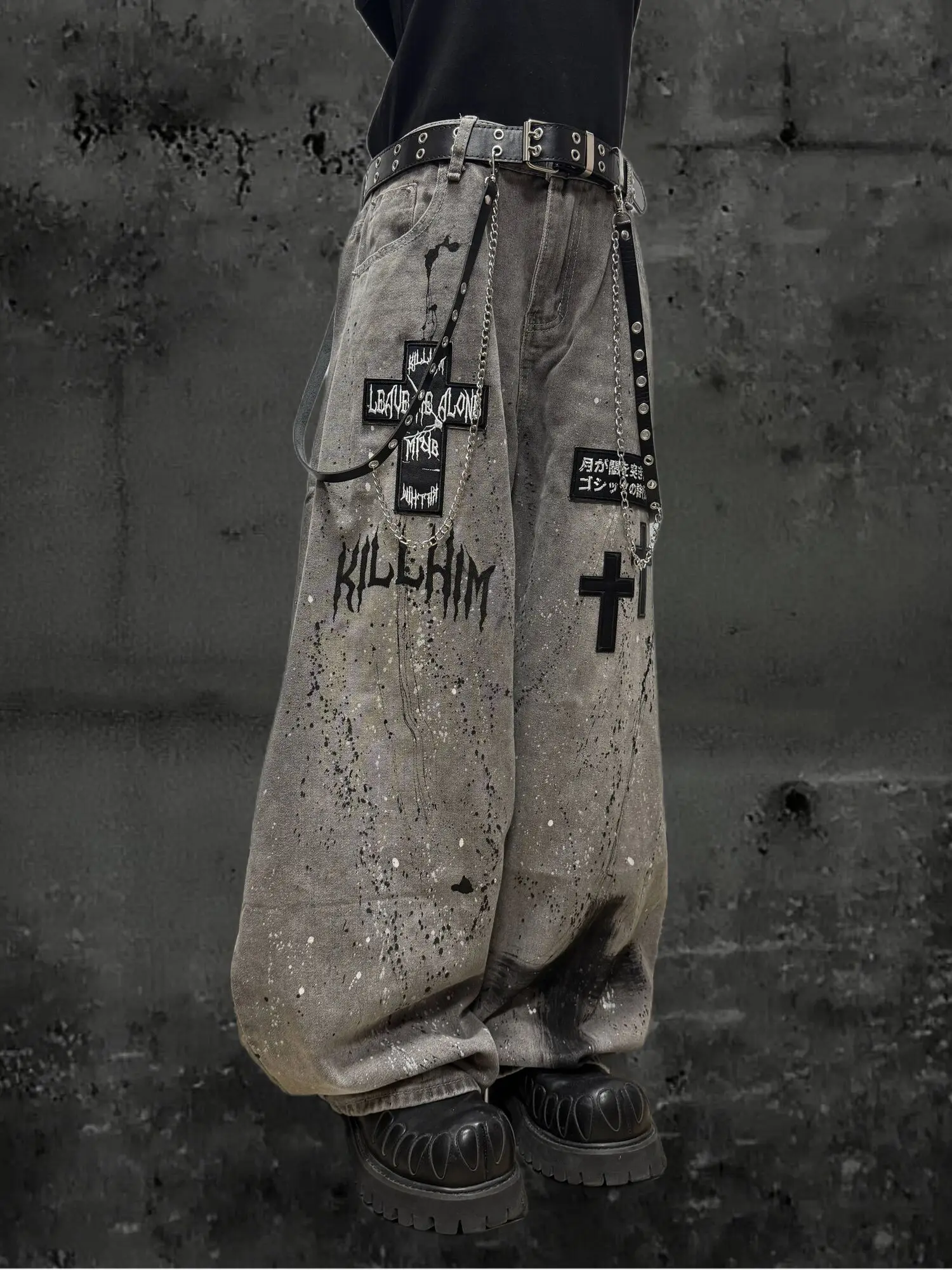 Gothic Punk Unisex Jeans Retro Street Edge Jeans For Autumn Washed Splatter Paint Y2K Punk Patched Loose Wide Leg Pants