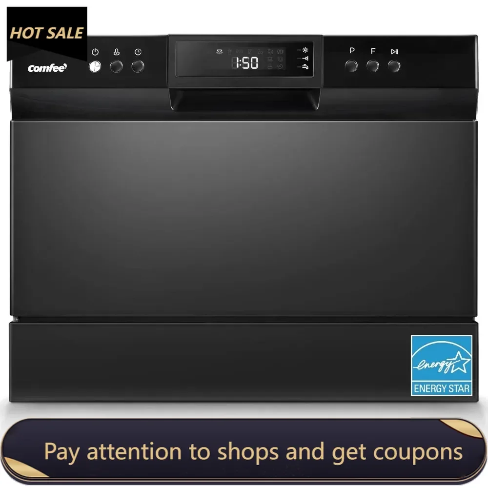 Countertop Dishwasher, Energy Star Portable Dishwasher, 6 Place Settings & 8 Washing Programs, RV& Apartment, Black