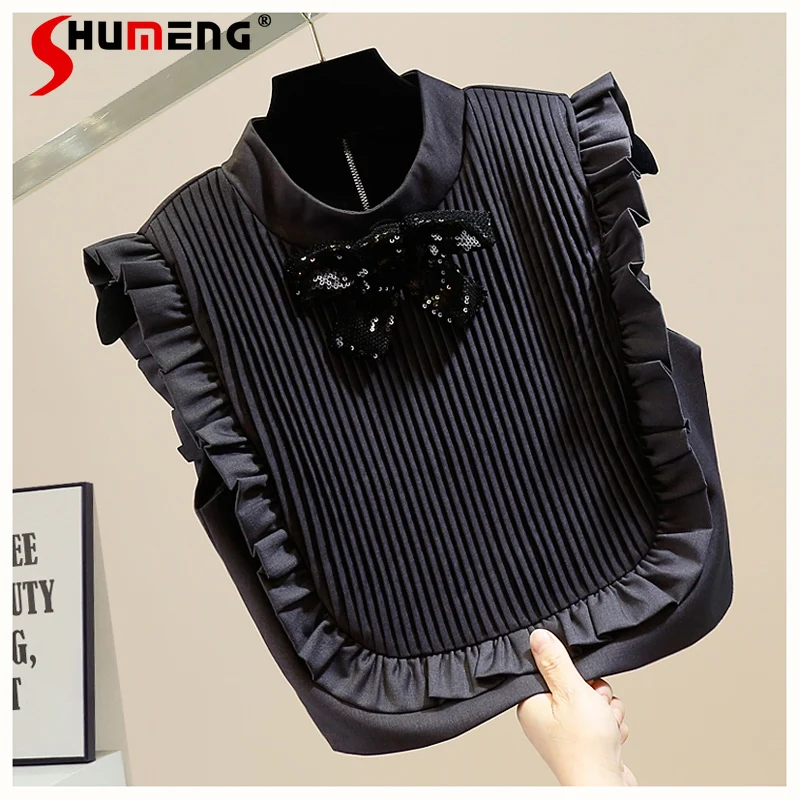 Sequins Bow Detachable Gray Shirt Women Three-Dimensional Bow Pleated Blouses Sweet Fungus Slim Fit Sleeveless Top 2023 Summer