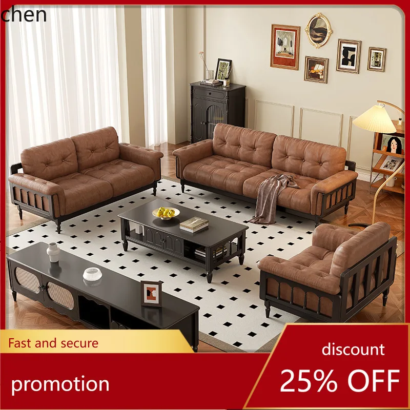 HT Solid Wood Sofa Retro Cloud Three-Seater Vintage Cream Style Straight Fabric Sofa