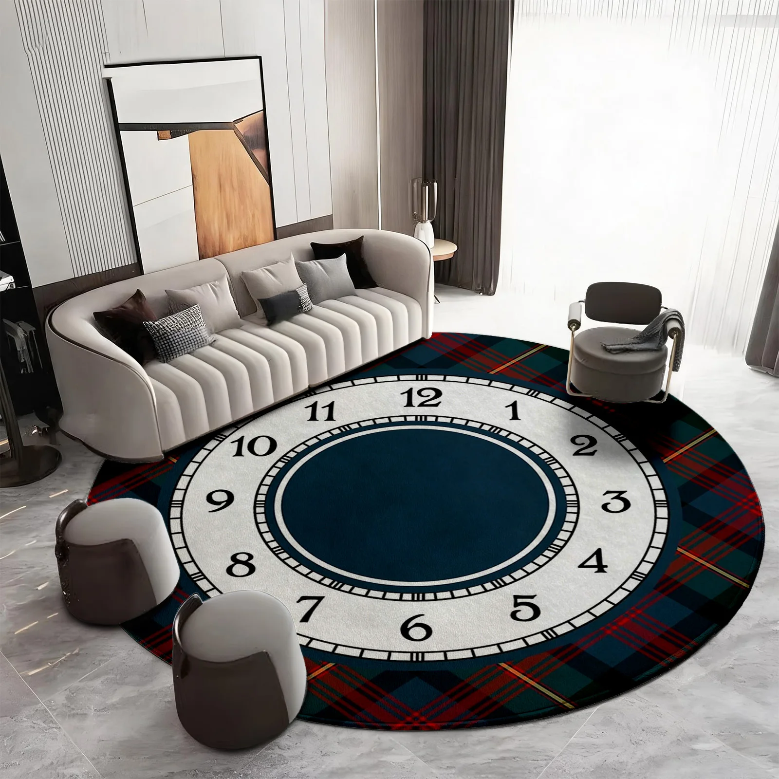 Chic Round Clock Face Area Rug Tartan Plaid Design Modern Living Room Carpet Mat for Stylish Home Decor Furniture Accent Floorin