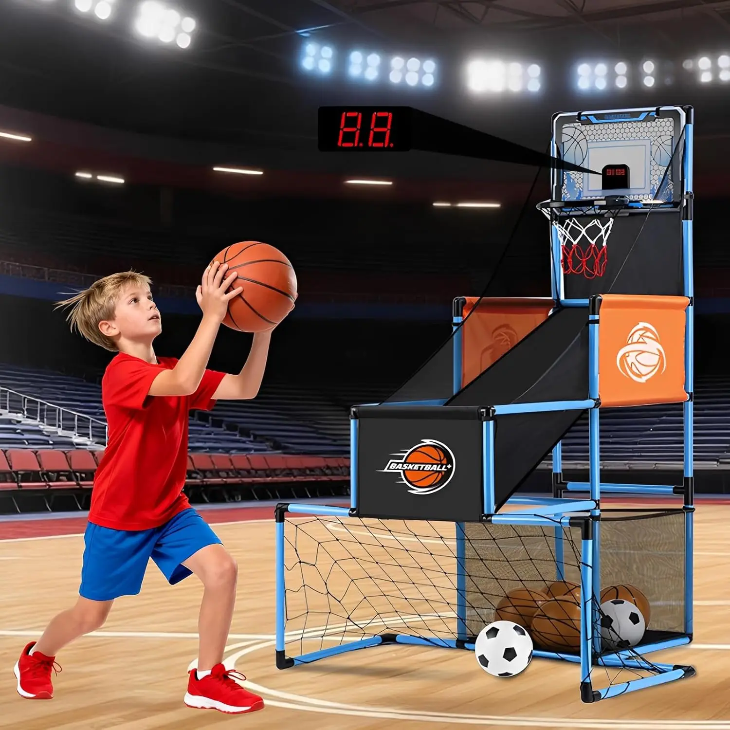

2-in-1 Basketball Arcade & Soccer Goal for Kids, Adjustable Hoop with Balls and Pump, Indoor Outdoor Toys for Ages 3-12