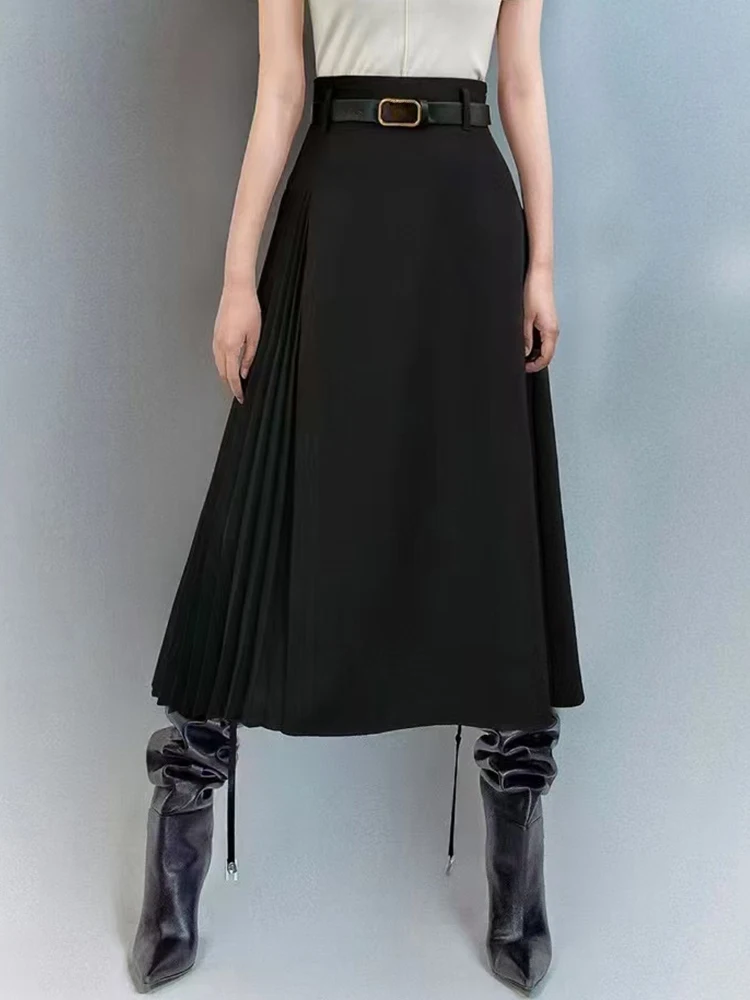 2025 primavera feminina nova retro cor sólida com faixas saia de cintura alta moda 100 lados combinando da saia pufe solta plissada