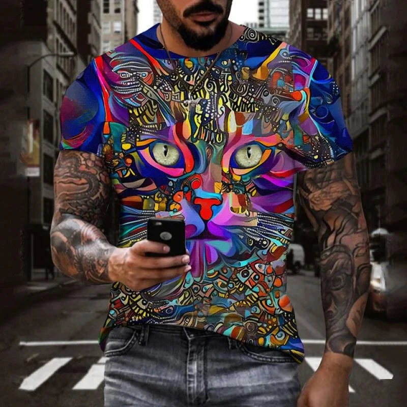 Modische Katzen-Grafik T-Shirts Sommer-Trend Kurzarm Coole 3D-Tier-Print Herren T-Shirts Lässige Streetwear Hip-Hop-Shirts