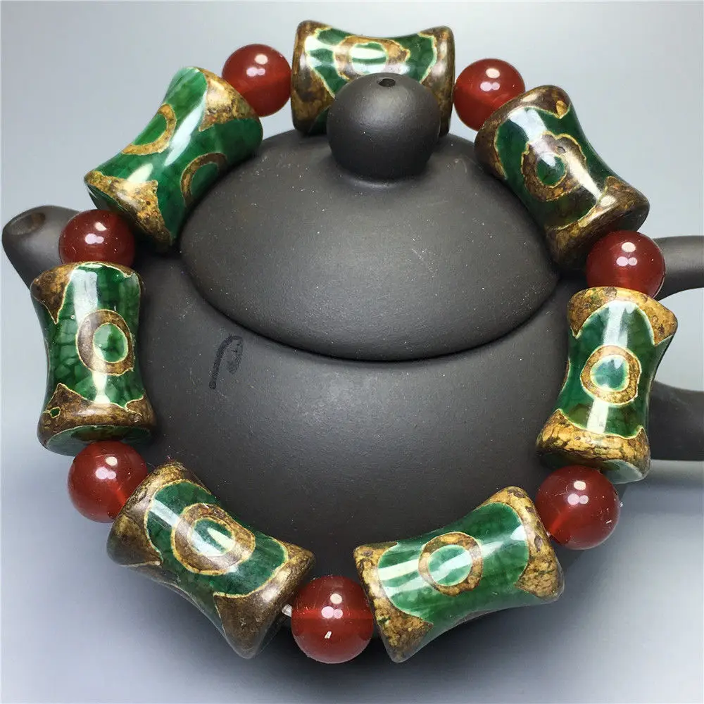 Three Eye Dzi Bead Bracelet Tibetan Agate Chalcedony Green Pattern Vintage