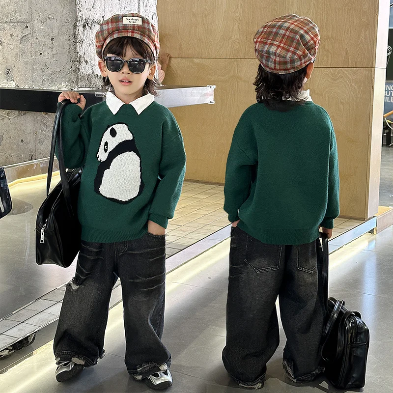 Cute Child Cartoon Knit Sweater Knitwear Kids Panda Clothes For Baby Boys Green Sweater with Panda Pullover Clothing 2 4 6 8 10