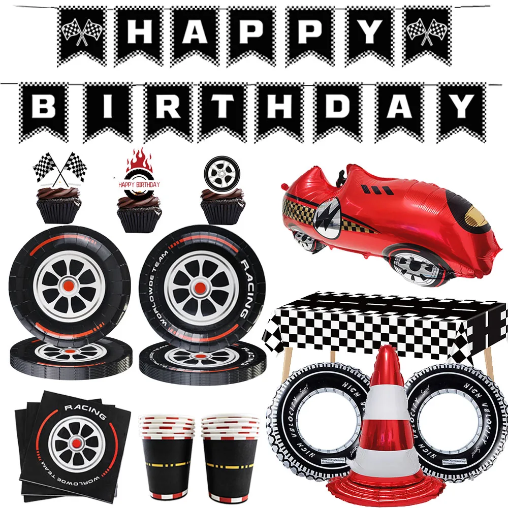 Racing Car Theme Disposable Tableware Tire Pattern Plate Cup Napkin Tablecloth Banner Balloon Boys Birthday Party Decor Supplies