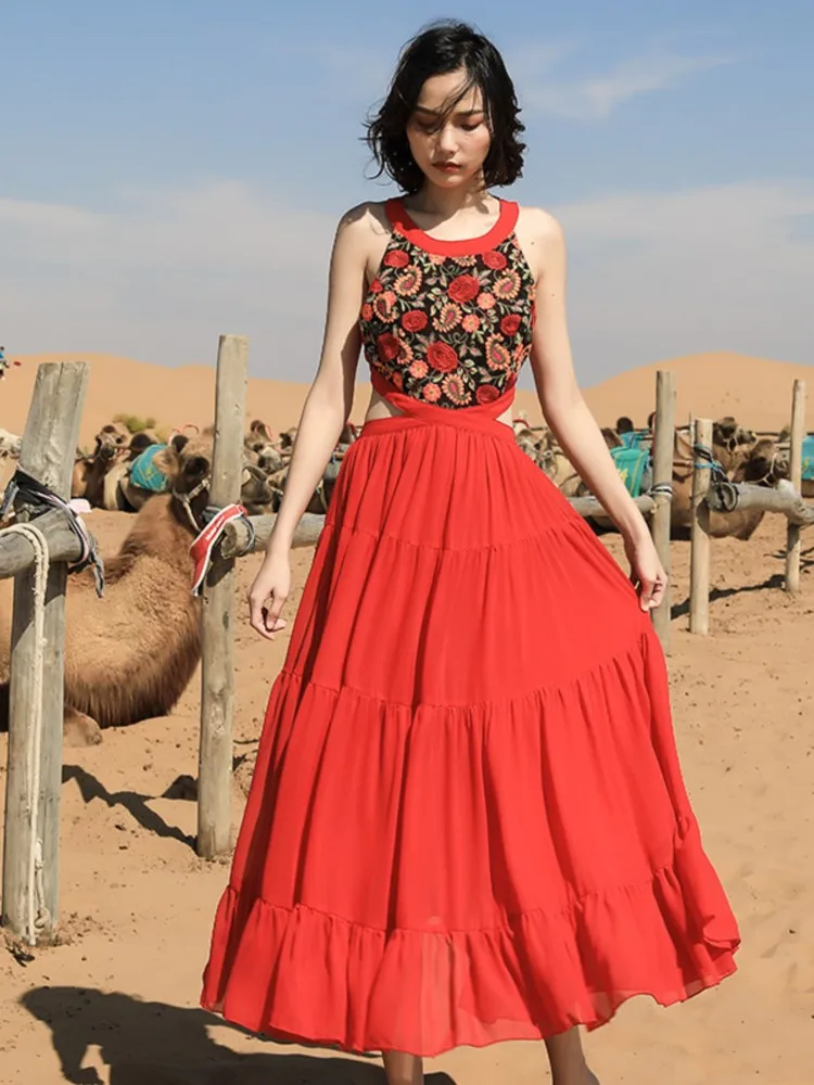 Jastie 2025 Abito estivo da donna in chiffon Abiti lunghi da spiaggia bohémien Abito lungo sexy con ricamo etnico Boho a vita cava