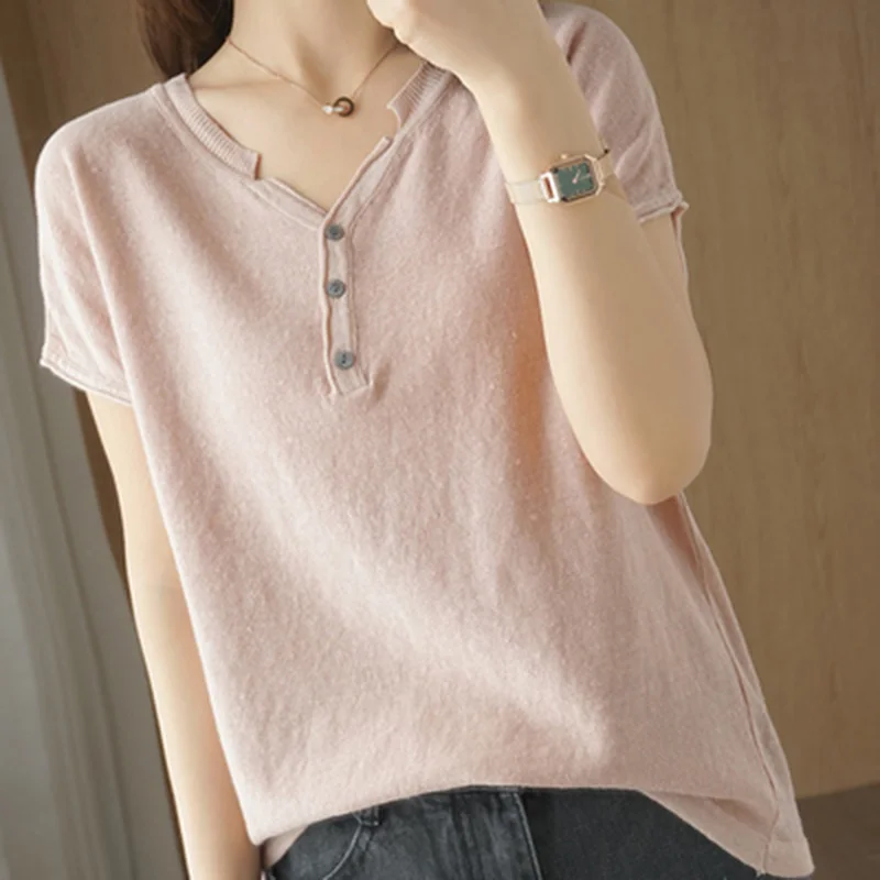 

Summer 100% pure cotton women's T-shirt V-neck knitted short sleeved loose Tees solid color pullover button Tops basic versatile