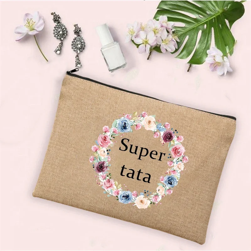 Super Tata Wreath-bolsas de maquillaje de lino con estampado para mujer, Neceser de viaje con cremallera, organizador de artículos de tocador, los