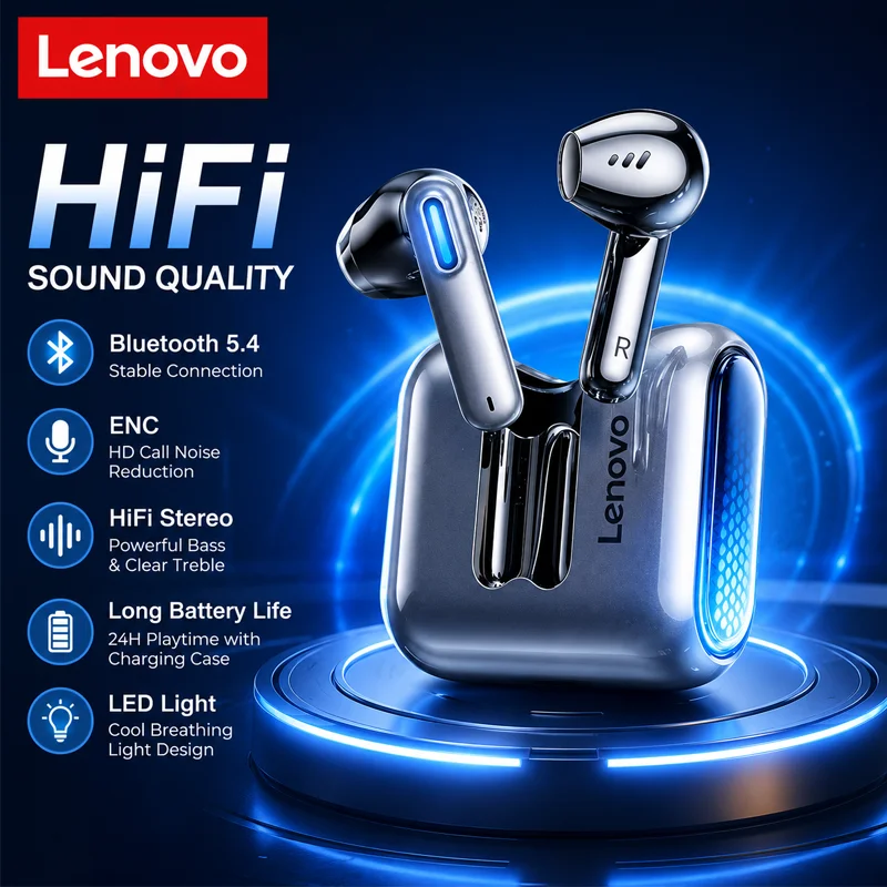 Lenovo EA189 Bluetooth 5.4 Wireless Earbuds TWS LED Transparent Charging Case HiFi Stereo ENC Mic Sports Headphones Game Earbuds