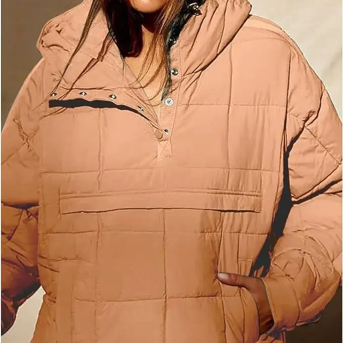 Parka de manga cheia com capuz feminino com bolsos, casaco solto, tops casuais grossos, elegante, emenda, quente, monocromática, outono, inverno