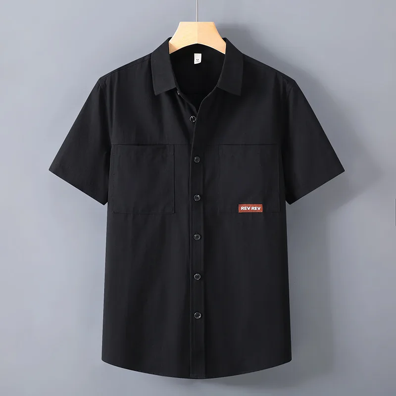 High-quality Pure Cotton Cargo Short Sleeve Shirt For Men Solid Color Summer Loose Oversized Work Shirt With Chest Double Pocket