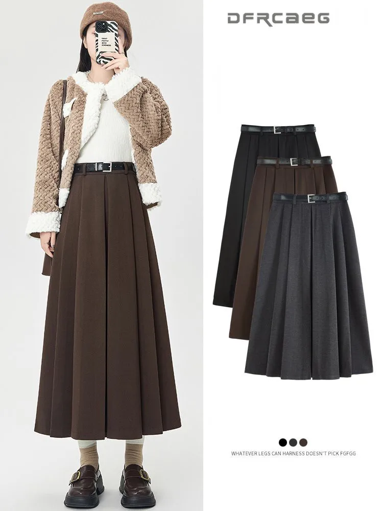 تنورة أنيقة من الصوف السميك ذات ثنيات للنساء عالية الخصر فضفاضة كبيرة سوينغ العمل مكتب OL التنانير الطويلة سيدة #1