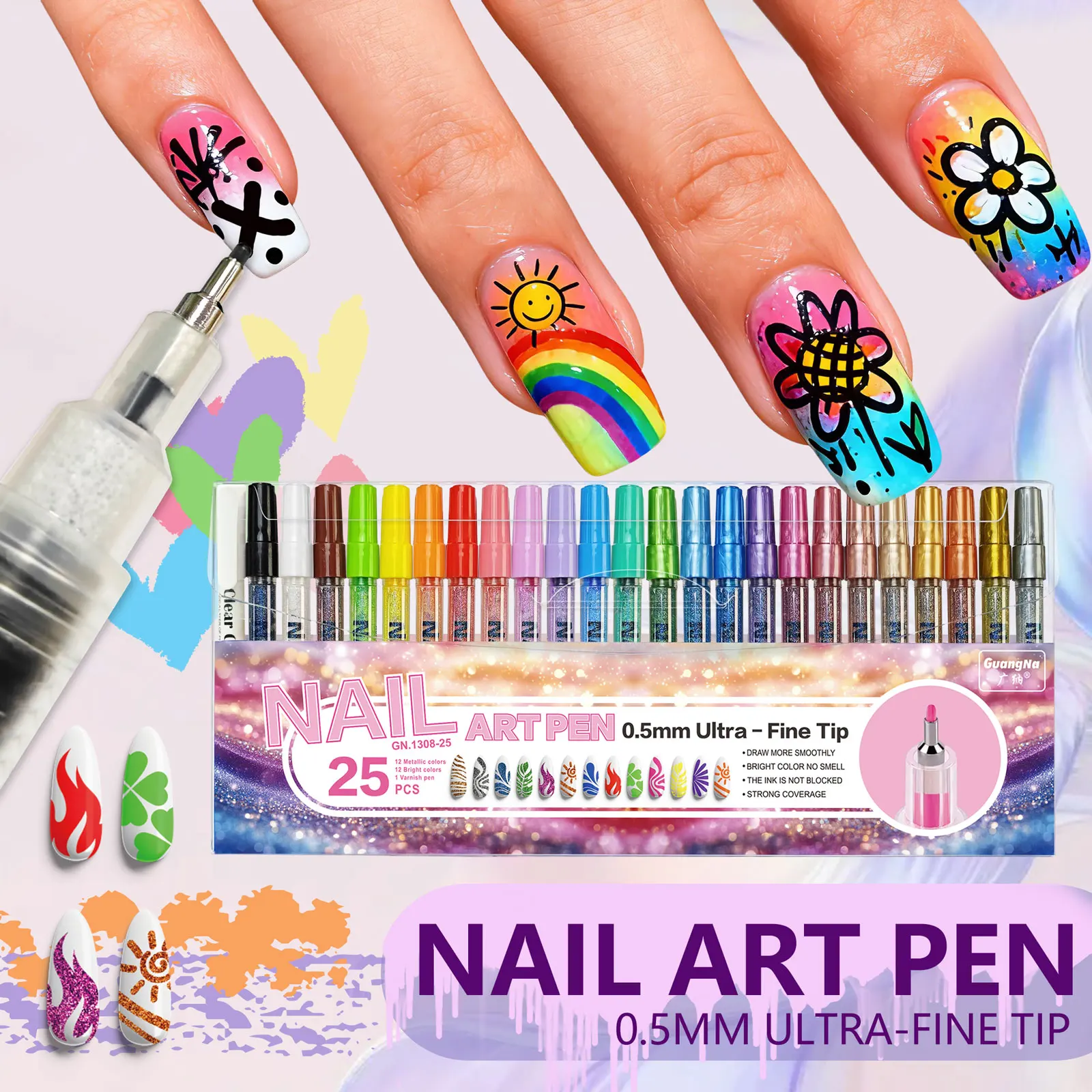 

Guangna 13-Color / 25-Color 0.5mm Ultra-Fine Nail Art Pens, with a Needle Tip That Produces Smooth Ink Flow, Water-Based, Waterproof, Quick-Drying, High-Saturation Pearlescent/Metallic Colors for One-Stroke Application, Suitable for DIY Hand-Drawn Lines, 