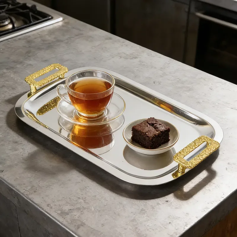 Modern Luxury Silver Stainless Steel Food Tray with Gold Handle for Ramadan Serving Platter Metal Decorative Dish for Home