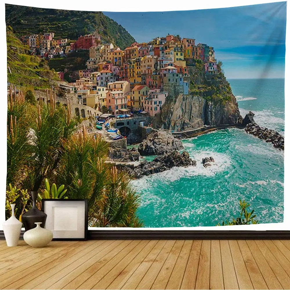 Italy Landscape Tapestry Cliffside Village Cinque Terre Seaside Scenery Wall Hanging for Bedroom Living Room Dorm Home Decor