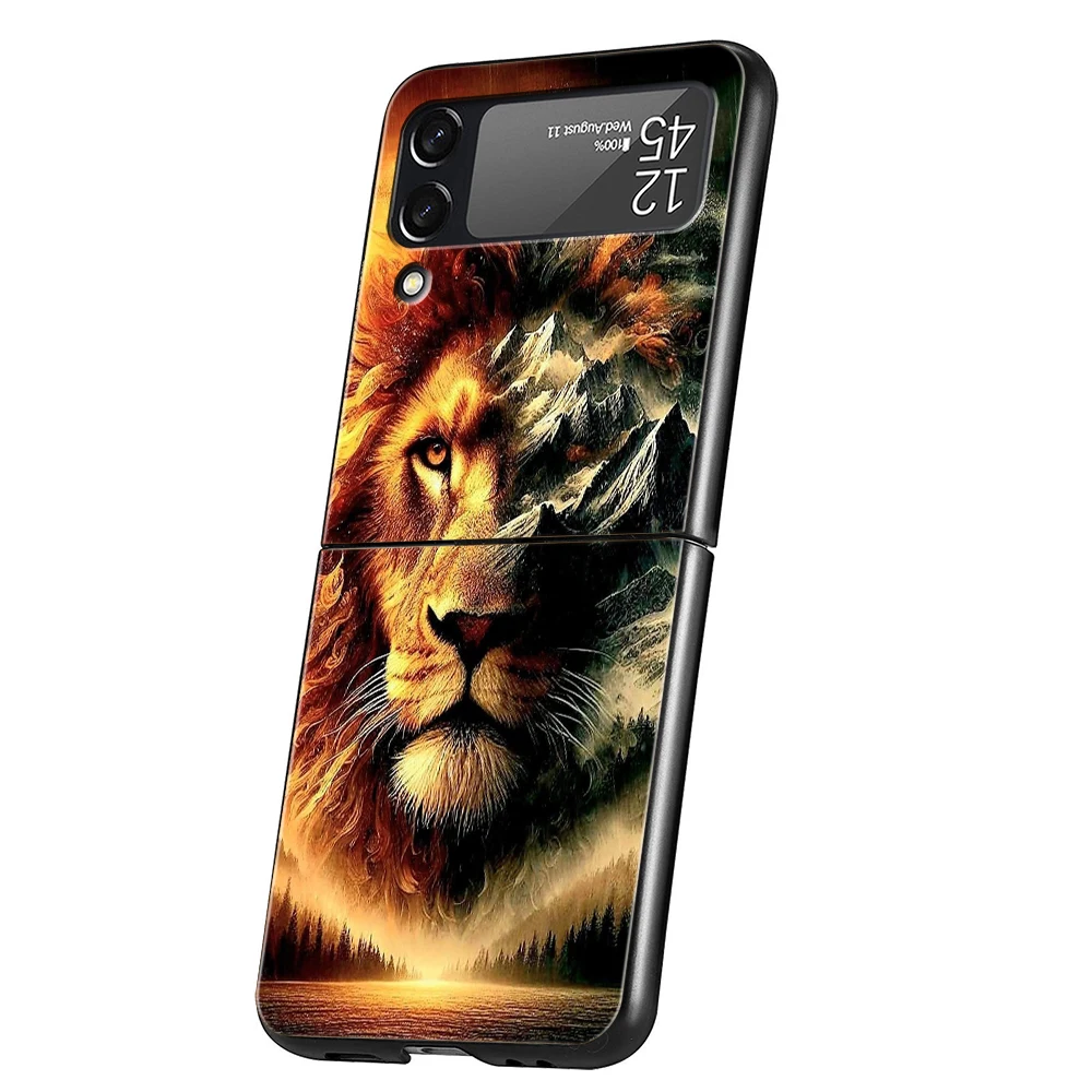 Hard PC Phone Case For Samsung Galaxy Z Flip 8 7 6 5 4 Black Cover For Galaxy Z Flip 3 Foldable Capas Cross Pattern Bicolor Lion