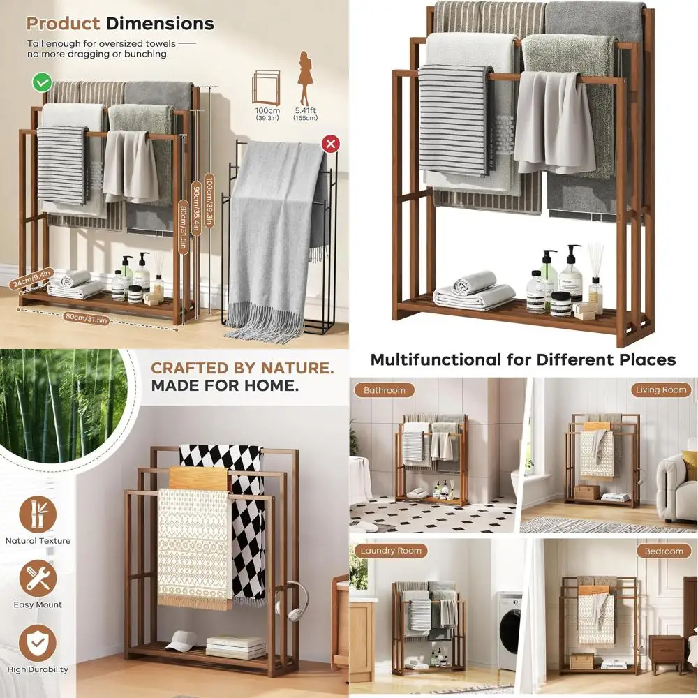 

39.3 Tall Bamboo 3-Tier Towel and Blanket Rack with Shelf for Bathroom, Walnut Finish
