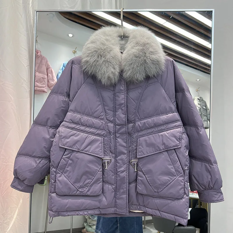 

2022 Women 90% Duck Down Jacket Winter Puffer Parka Huge Real Fur Collar Short Female Winter Feather Down Coat