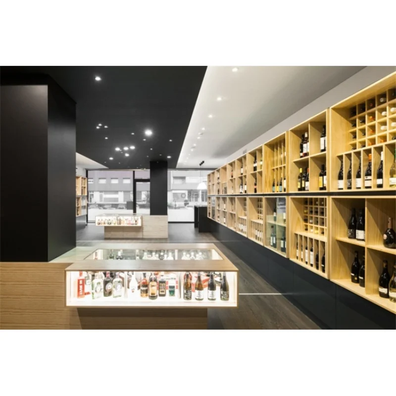 （customized）Customized High End Modern Retail  Wine Store Interior Decoration Price Wall Mounted Wooden Wine Racks