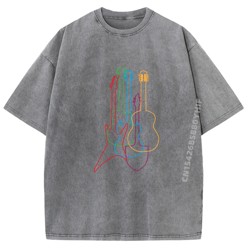 

Colored Guitars Electric Acoustic Classical Retro Male Men T-shirt Comfortable Short Sleeve Luxury Designer Tees Washed Shirt