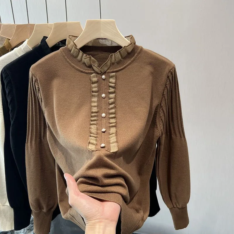 New Autumn and Winter Fashion Pearl Button Wooden Ear Edge Round Neck Sweater Loose and Versatile Western Women's Knitted Top