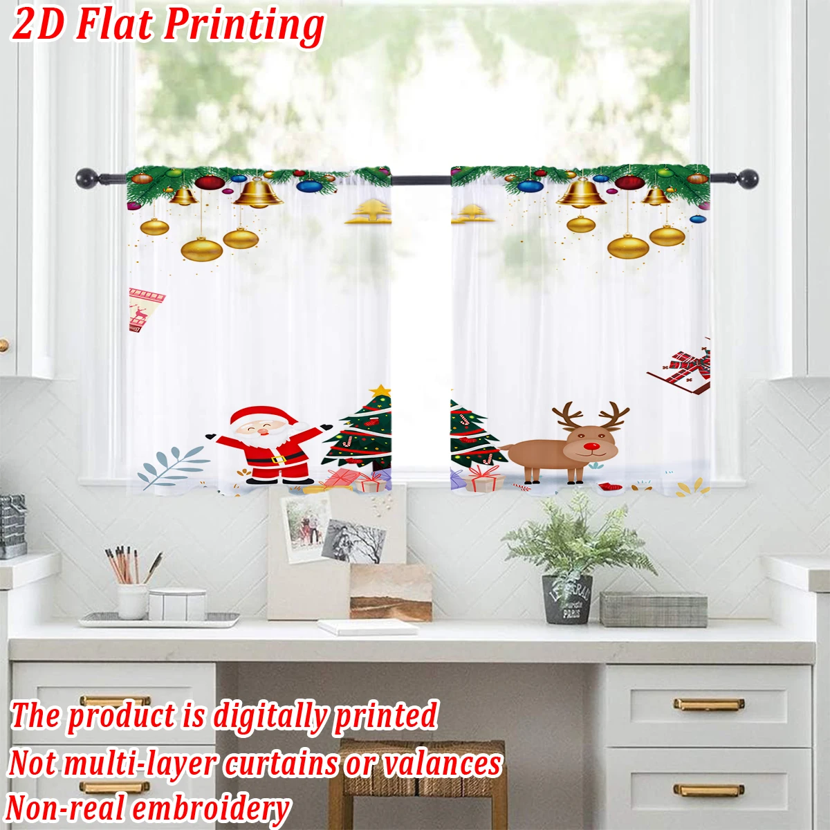Christmas Flat Printing Kitchen Sheer Curtain with Merry Christmas Party Flags Gingerbread Man For Christmas Home Decor  Party