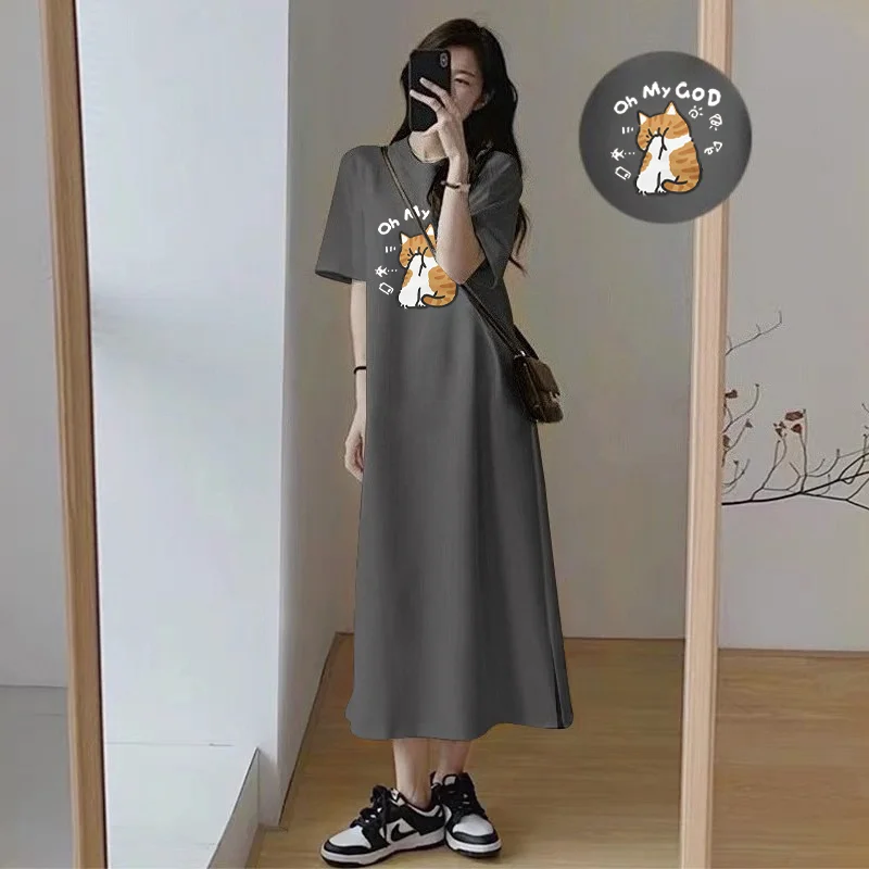 

2026 Summer New Style Korean Style Casual Loose Large-Sized Short-Sleeved T-Shirt Dress with Cat Pattern