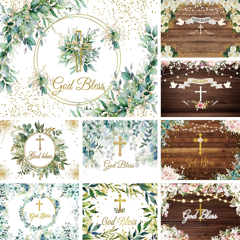 

God Bless Backdrop Eucalyptus Leaves for Photography Baptism Party Decoration Banner Christening Flowers Wooden Floor Background