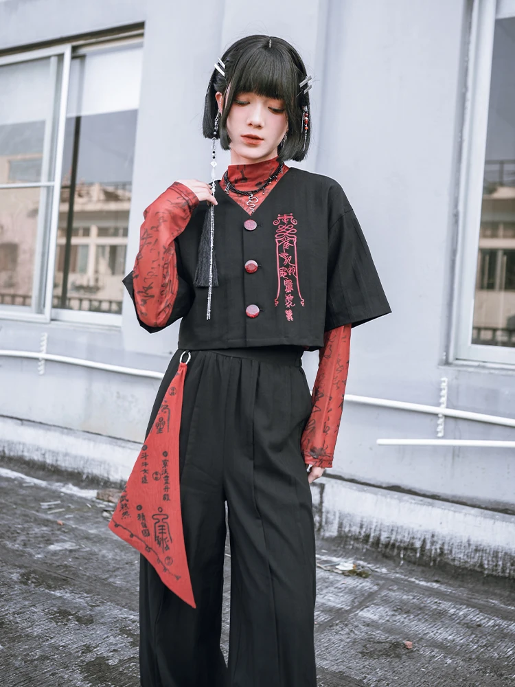 

New Chinese Style Short Black Top Women's Sleeve National Printing Color Contrast Cardigan