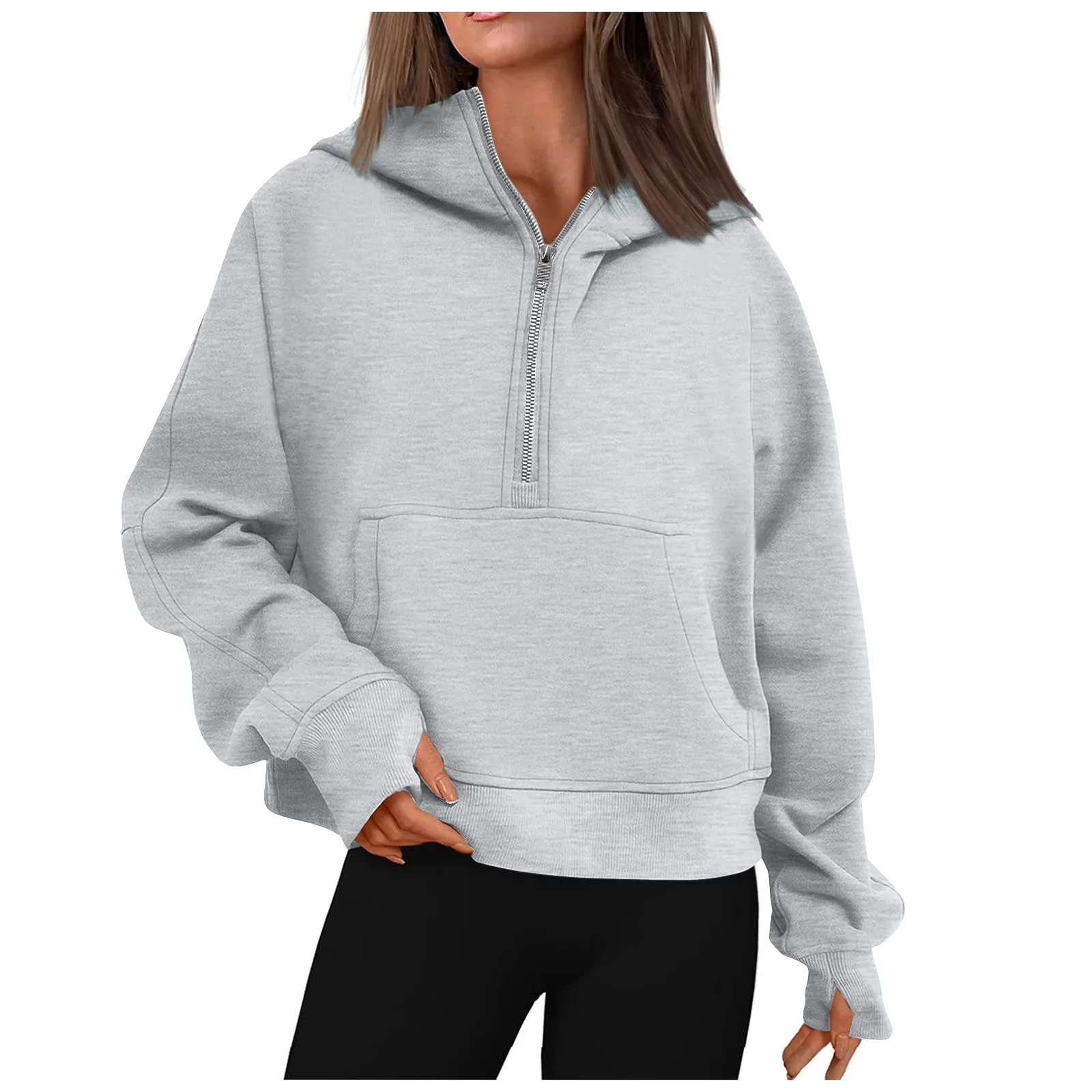 Autumn and Winter Women’s Hoodies Solid Color Loose Short Half Zip Pockets Thumb Hole Long Sleeve  Pullover Sweatshirts